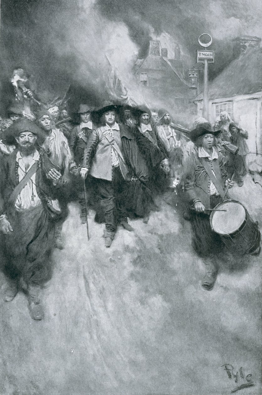 1676 में द बर्निंग ऑफ़ जेमटाउन, वुड्रो विल्सन द्वारा &39;कॉलोनियों एंड नेशन&39; का चित्रण। हार्पर की पत्रिका में, 1901 (लिथो) द्वारा हावर्ड पाइल