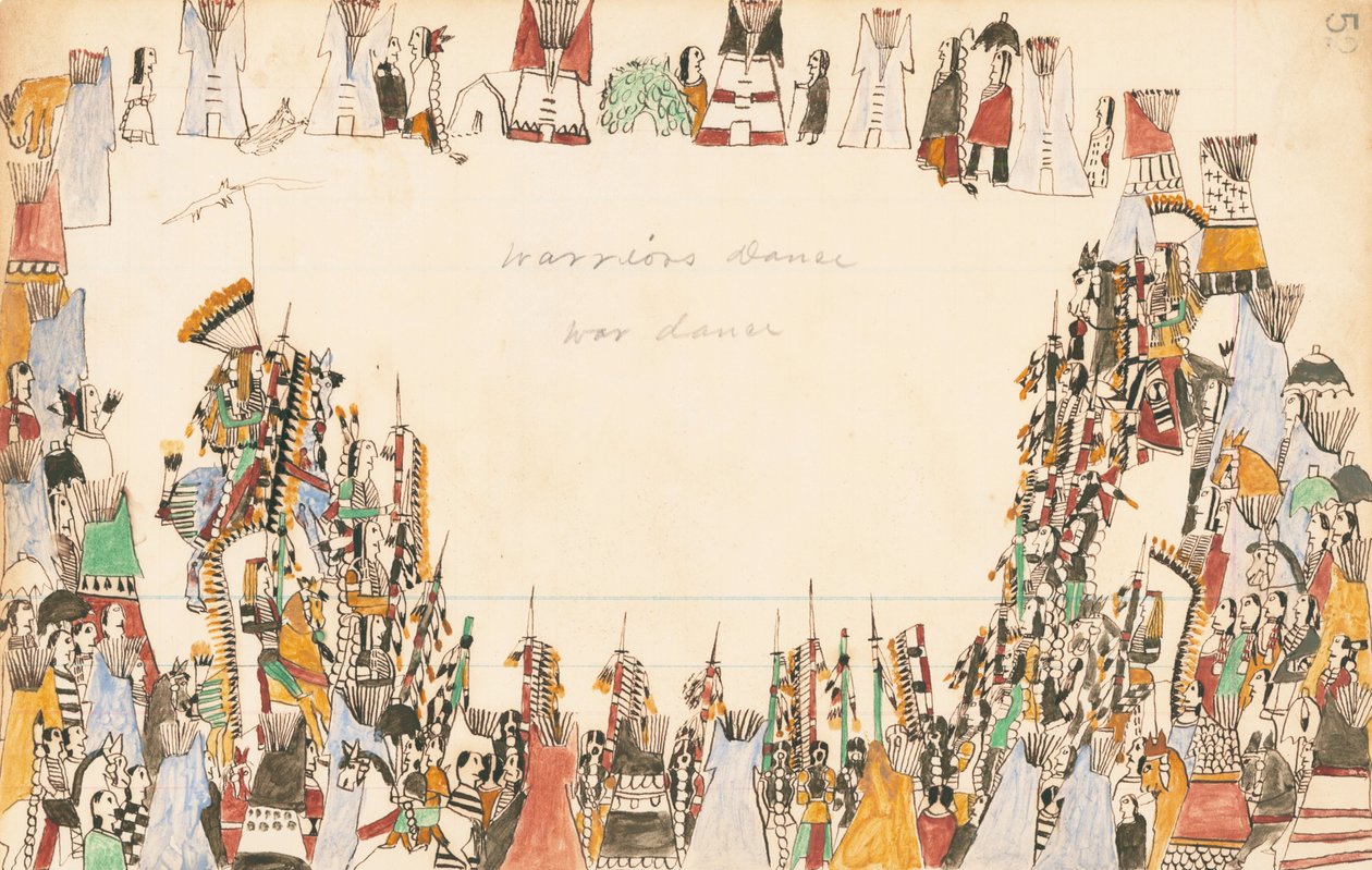 वारियर्स डांस वॉर डांस, 1874-75 (कलम, स्याही और टॉयलेट लेज़र पेपर) द्वारा हॉफिंग वुल्फ