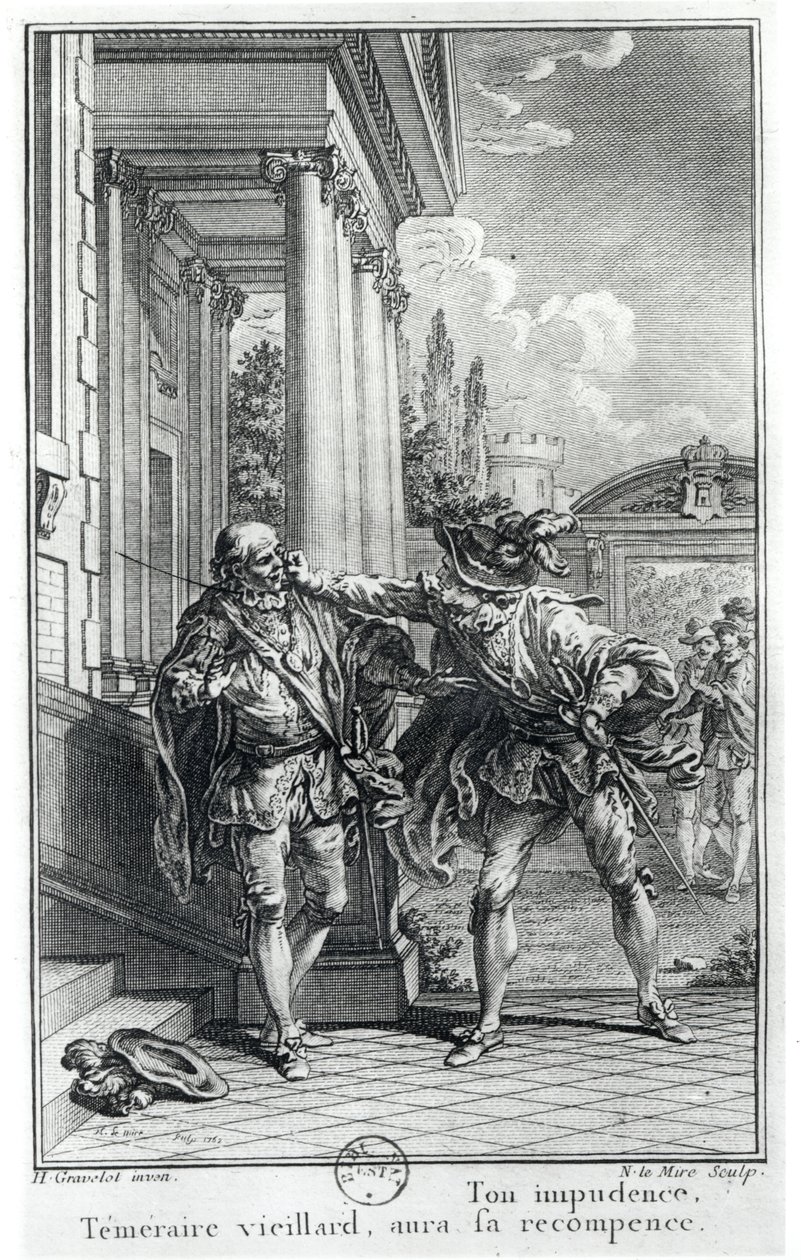 फाइट सीन, पियरे कॉर्निले द्वारा &39;ले सिड&39; (1637) के लिए चित्रण (1606-84) नोएल ली मायर (1724-1800) द्वारा 1762 द्वारा ह्यूबर्ट फ्रेंकोइस ग्रेवेलॉट