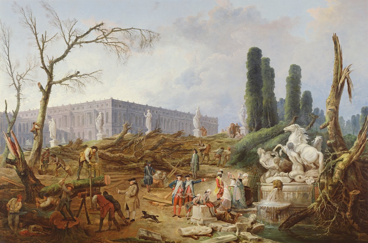 अपोलो के स्नान के आसपास वर्साय के बगीचे में ट्री फेलिंग, 1775-77 द्वारा ह्यूबर्ट रॉबर्ट