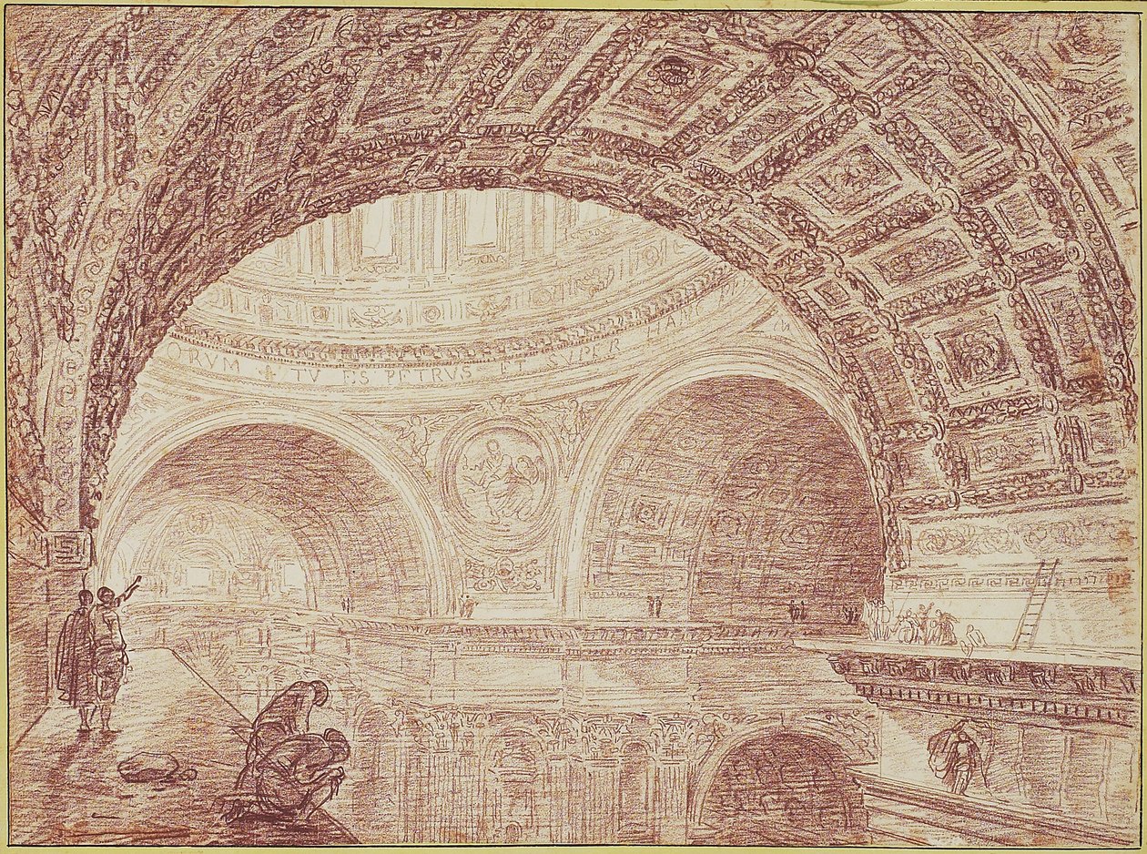 सेंट पीटर्स के वॉल्टिंग का दृश्य एक ऊपरी कंगनी से लिया गया, c.1763 (रखी कागज पर लाल चाक) द्वारा ह्यूबर्ट रॉबर्ट