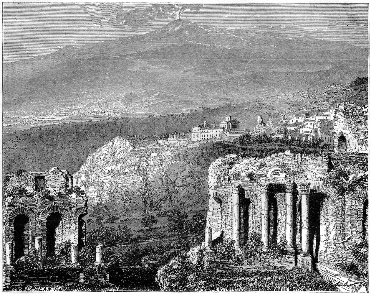माउंट एटना और टॉरमिना, सिसिली, इटली, 19 वीं शताब्दी का एक दृश्य द्वारा ह्यूबर्ट क्लैरट