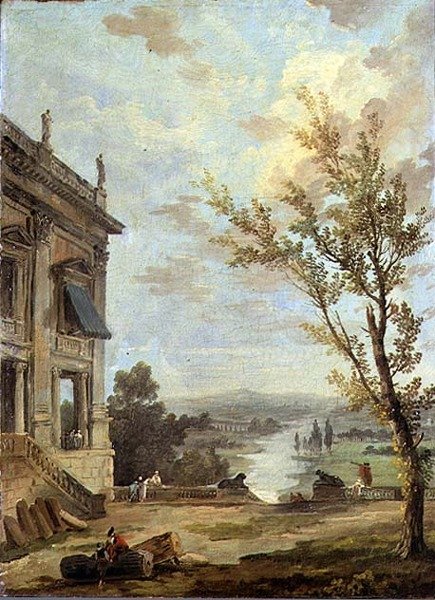 Capriccio इतालवी परिदृश्य Capitoline Palazzo Nuovo और एक छत पर सज्जन लोगों के साथ, परे एक नदी द्वारा ह्यूबर्ट रॉबर्ट