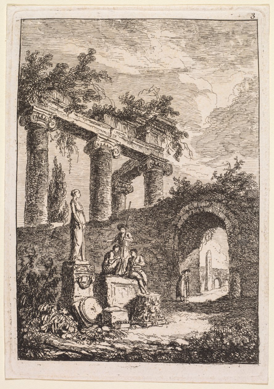 रोम में शाम: द स्टैच्यू इन फ्रंट ऑफ़ रुइंस, 1763-1764। द्वारा ह्यूबर्ट रॉबर्ट