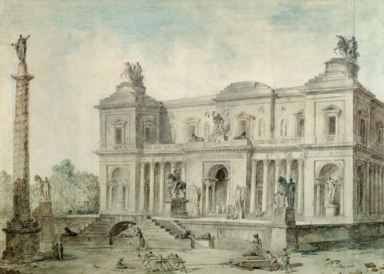 Le Musée des Antiques, c.1800 (चाक, कलम और स्याही और कागज पर wc) द्वारा ह्यूबर्ट रॉबर्ट
