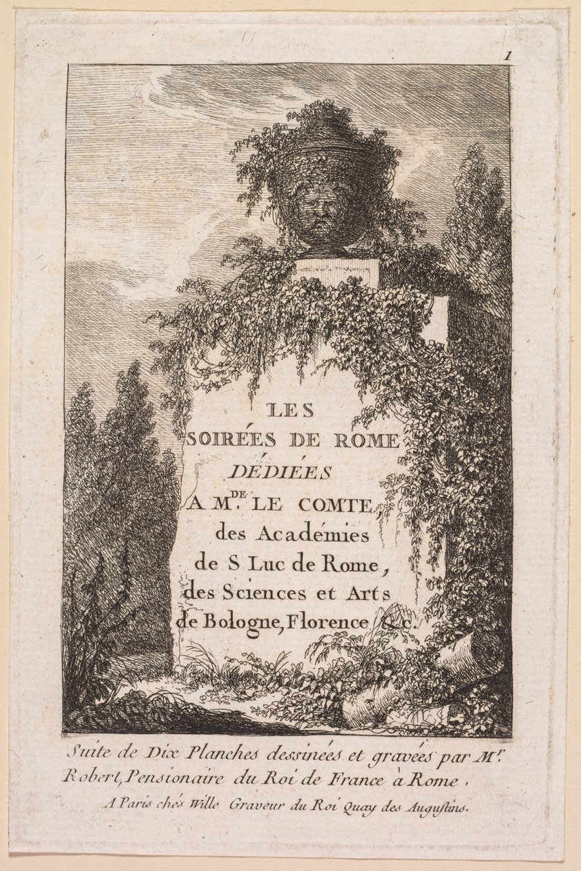 द इवनिंग ऑफ रोम: टाइटल पेज, 1763-1764। द्वारा ह्यूबर्ट रॉबर्ट