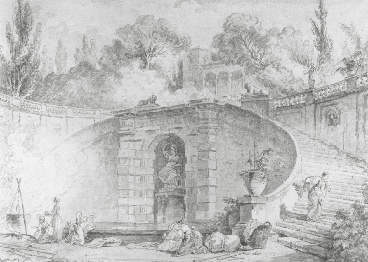 द लार्ज स्टेयरकेस, 1761-1765 (कलम और काली स्याही, ब्रश और ग्रे वॉश और पानी से रंगा हुआ काला चाक ओवर-ऑफ-व्हाइट बिछाए गए कागज, वॉटरमार्क पर हटा) द्वारा ह्यूबर्ट रॉबर्ट