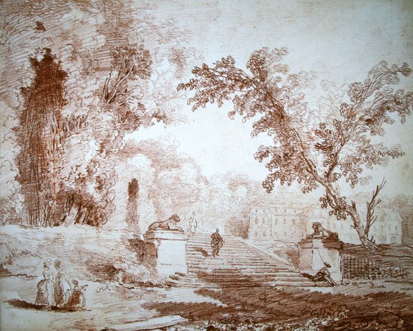 एक छत के साथ एक बगीचे का दृश्य (कागज पर लाल चाक) द्वारा ह्यूबर्ट रॉबर्ट
