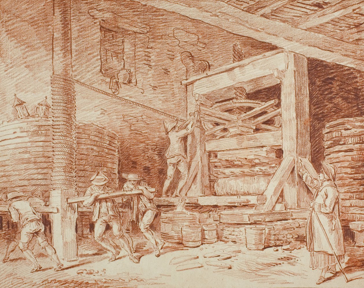 वाइन प्रेस, c.1759 (बफ रखी कागज पर लाल चाक, क्रीम रखी कार्ड पर रखी गई) द्वारा ह्यूबर्ट रॉबर्ट