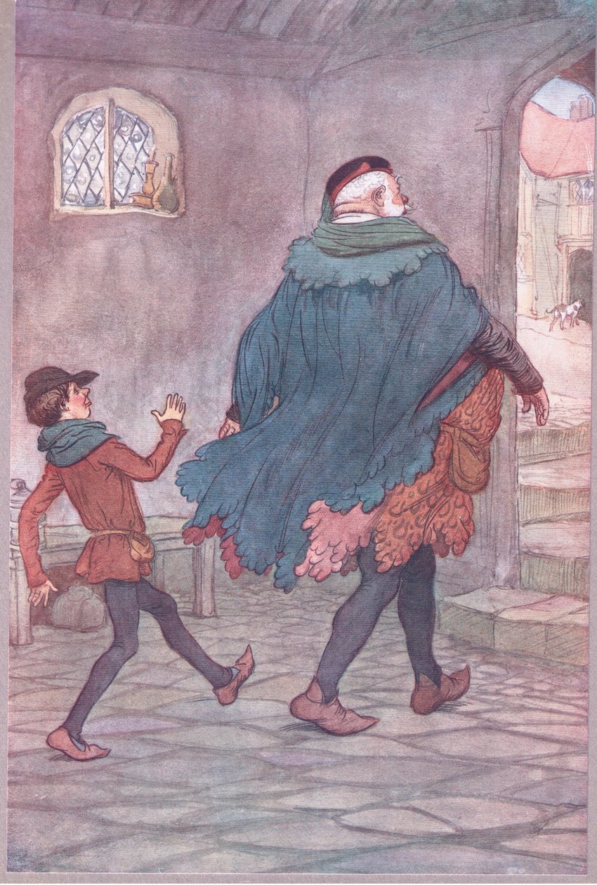 Exeunt Falstaff और Robin, विंडसर की मीरा पत्नियों से चित्रण, 1910 द्वारा ह्यूग थॉमसन