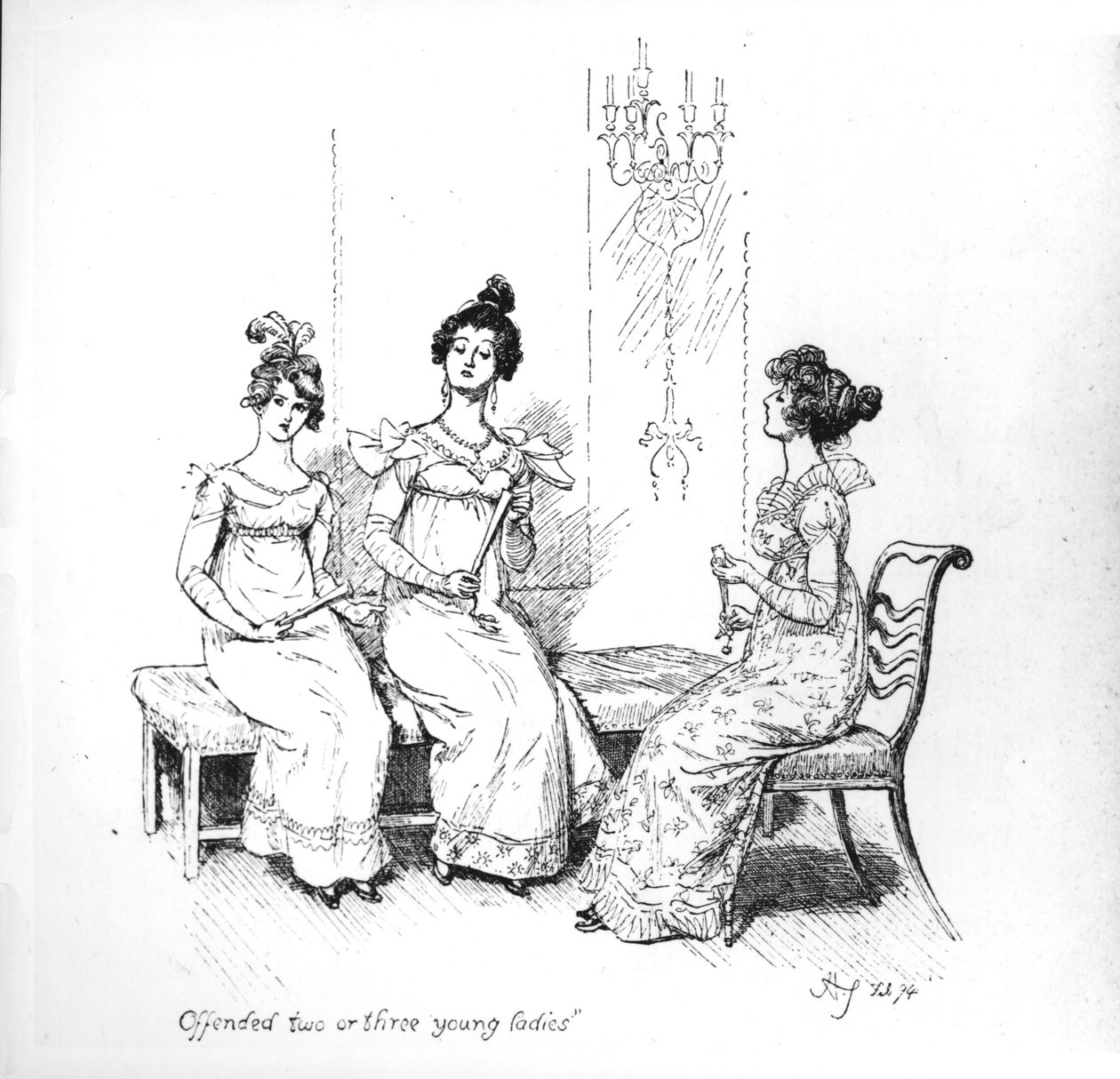 जेन ऑस्टेन, 1894 (उत्कीर्णन) (बीडब्ल्यू फोटो) द्वारा &39;प्राइड एंड प्रीजुडिस&39; की बिंगले बहनें &39;ऑफेंडेड टू ऑर थ्री यंग लेडीज़&39; द्वारा ह्यूग थॉमसन