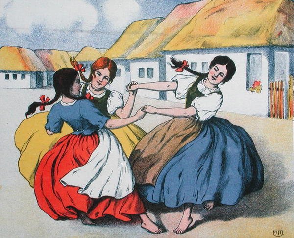 किसान नृत्य। अर्पाद बालाज़ के गीतों के स्कोर से चित्रण, c.1910 (कलर लिथो) द्वारा हंगेरियन स्कूल
