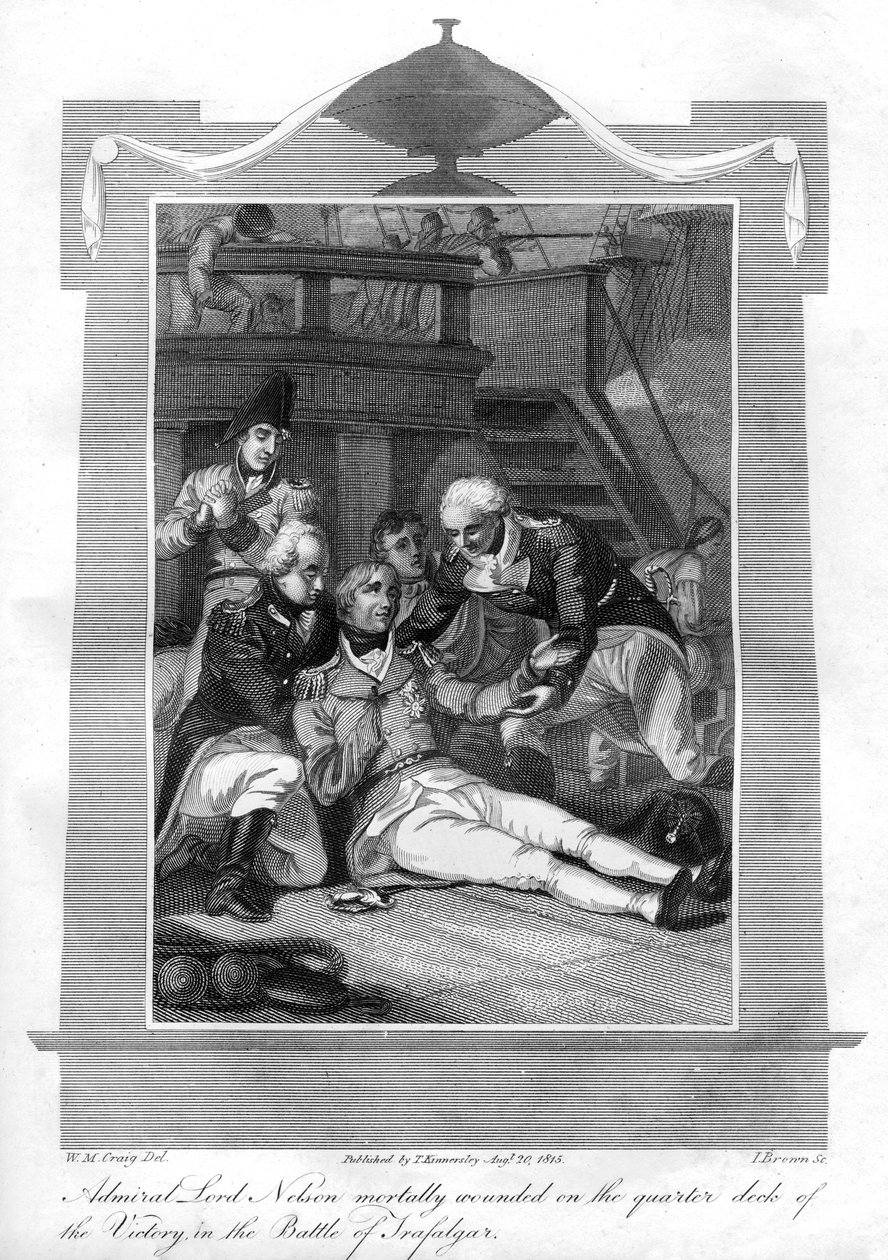 एडमिरल नेल्सन एचएमएस विजय, 1816 के क्वार्टर डेक पर घातक रूप से घायल हो गए। द्वारा आई। ब्राउन