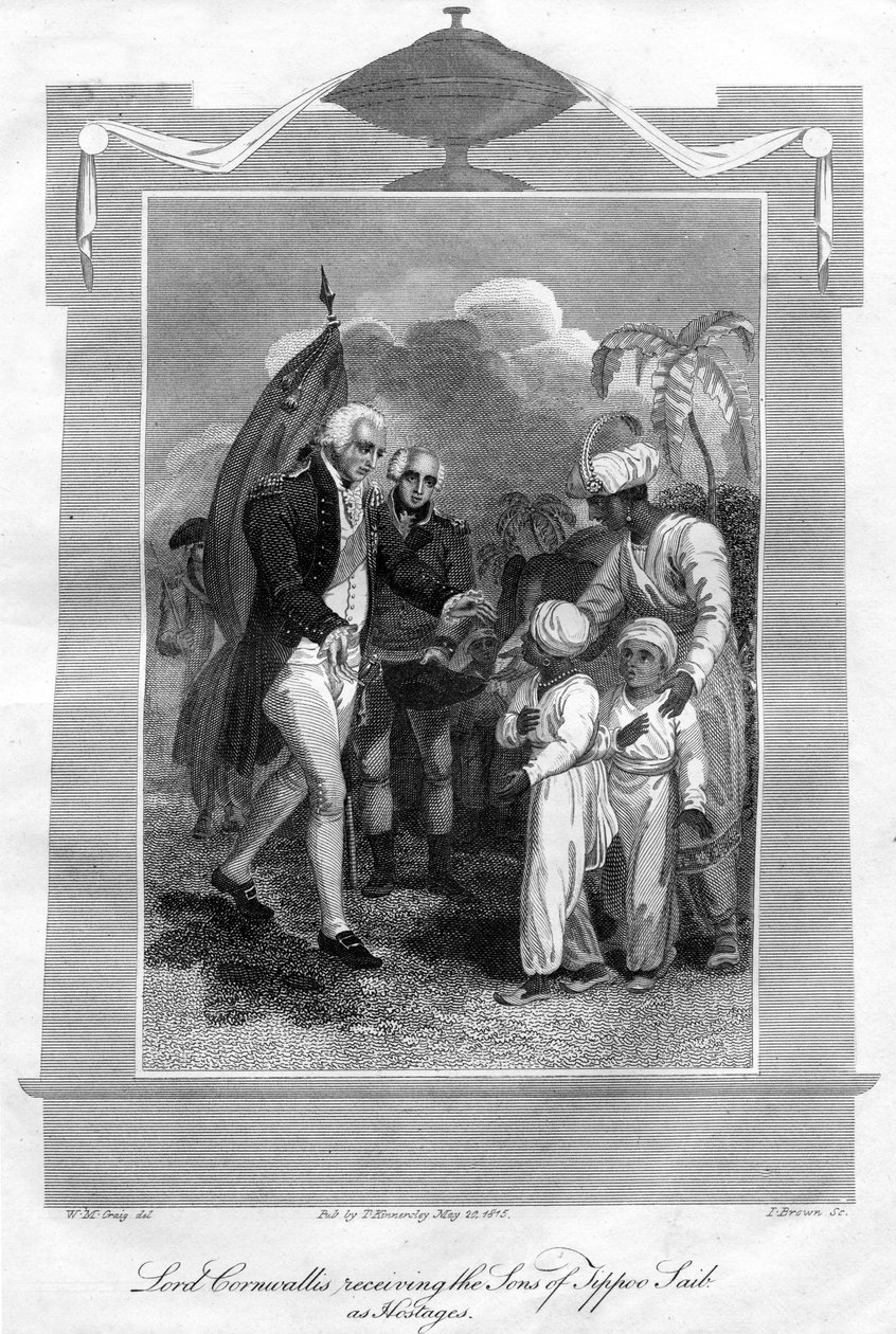 लॉर्ड कार्नवालिस 1738-1805 ने टीपू साहब के बेटों को बंधक के रूप में प्राप्त किया, 1816। द्वारा आई। ब्राउन