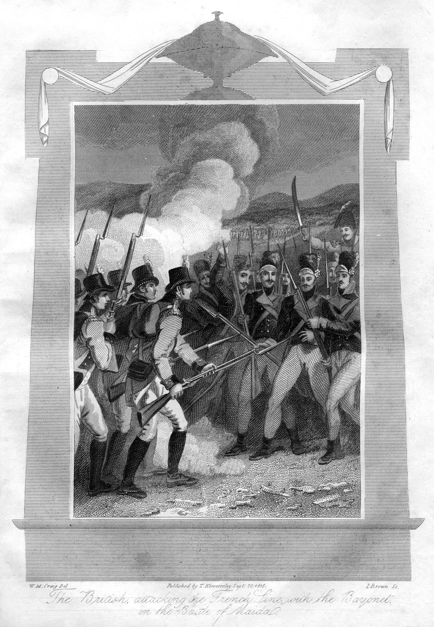 1816 की मेडा की लड़ाई में संगीनों के साथ फ्रांसीसी लाइन पर हमला करते अंग्रेज। द्वारा आई। ब्राउन