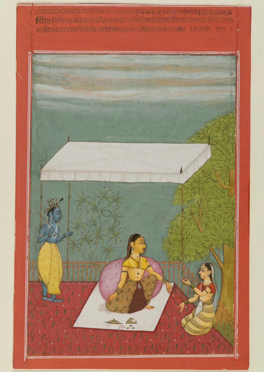 नयिका को उसका प्रेमी, केशवदास की रसिकप्रिया को दर्शाने वाली एक श्रृंखला से पृष्ठ 1692 (कागज पर अपारदर्शी wc) द्वारा इब्राहिम इब्राहिम