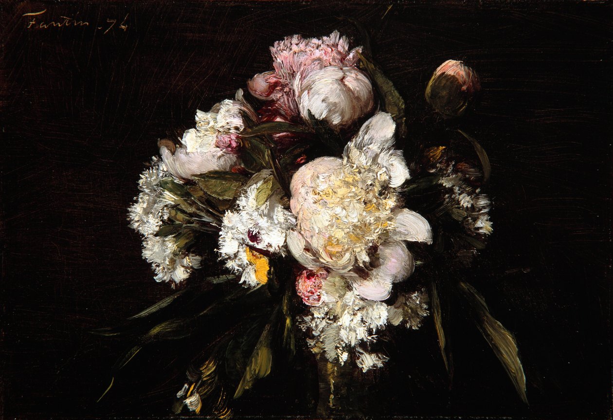 Peonies, व्हाइट कार्नेशन्स और रोज़ेस, 1874 द्वारा इग्नेस हेनरी जीन फेंटिन लटौर