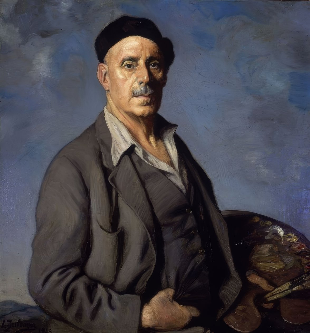 ब्लू बैकग्राउंड के साथ SELF PORTRAIT - 1942 - OLEO - LIENZO - 90X85 सेमी द्वारा इग्नासिओ ज़ुल्ओगा वाई ज़बलेटा