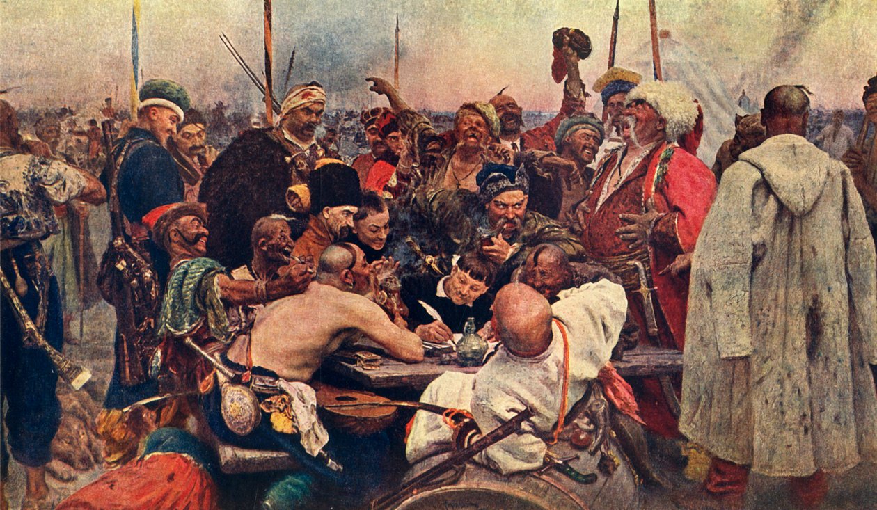 द कॉसैक्स 'सुल्तान ज़ापोरोज़ी को जवाब', c1890, 1939। द्वारा इल्या एफिमोविच रेपिन