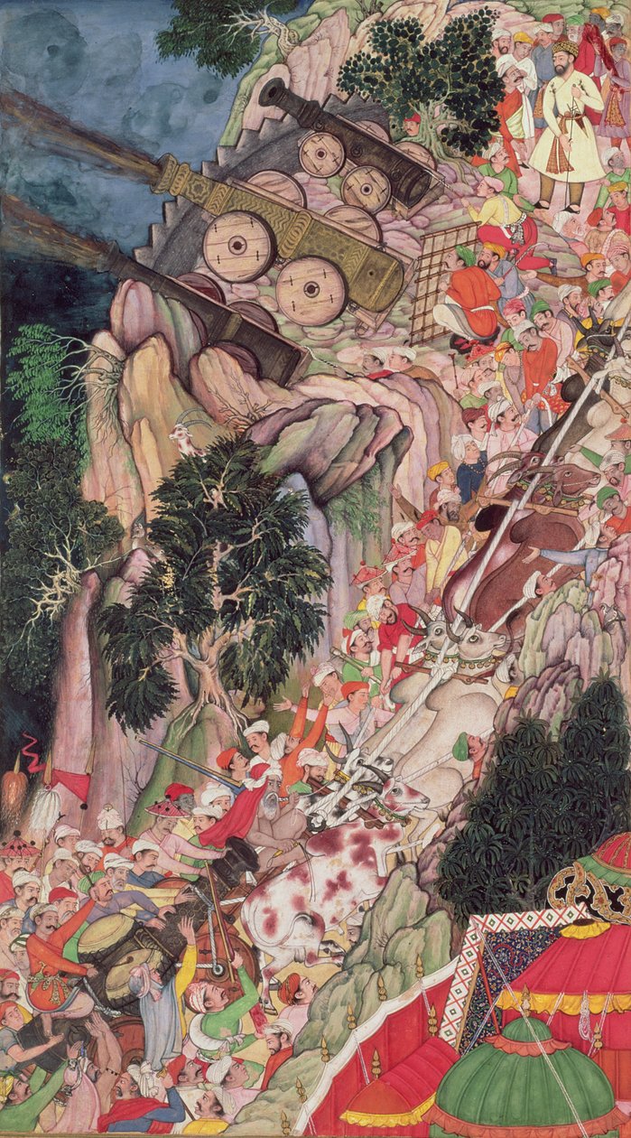 अकबरनामा, मुगल, c.1590-95 (कागज पर अपारदर्शी wc और सोना) से रणथंभौर किले पर एक हमले के दौरान बैलों को घेरा बंदूकों को ऊपर खींच द्वारा इंडियन स्कूल