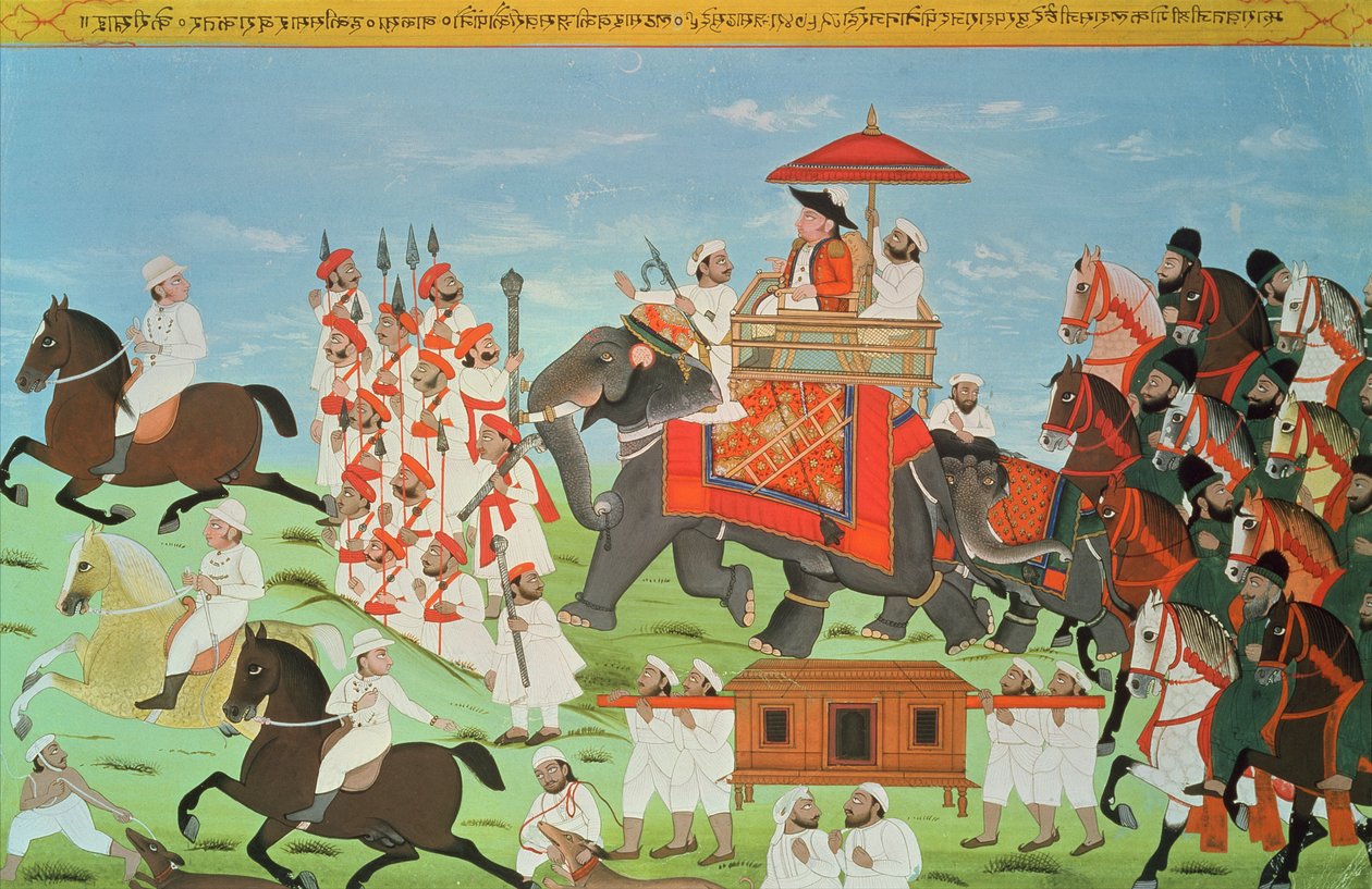 कर्नल जेम्स टॉड अपने कैवेलरी और सिपाही (गौचे) के साथ राजस्थान से हाथी द्वारा यात्रा करते हुए (82777 भी देखें) द्वारा इंडियन स्कूल