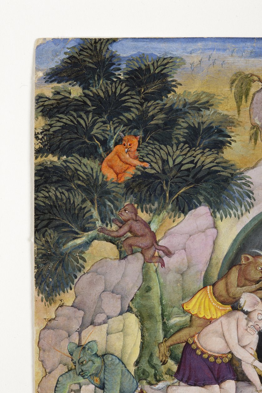 एक जंगली लैंडस्केप में राक्षसों से विस्तार, c.1600 (कागज पर अपारदर्शी wc और सोना) द्वारा इंडियन स्कूल