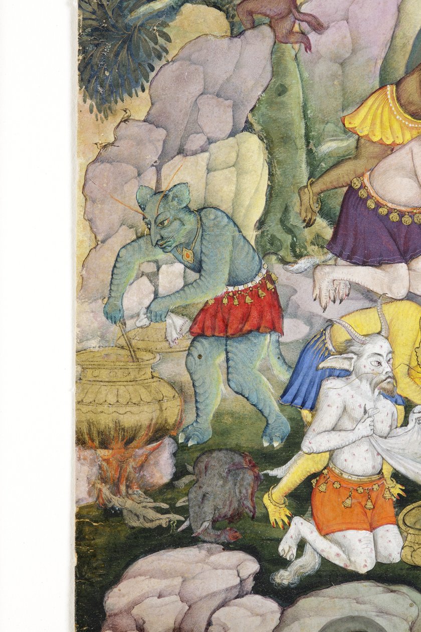 एक जंगली लैंडस्केप में राक्षसों से विस्तार, c.1600 (कागज पर अपारदर्शी wc और सोना) द्वारा इंडियन स्कूल