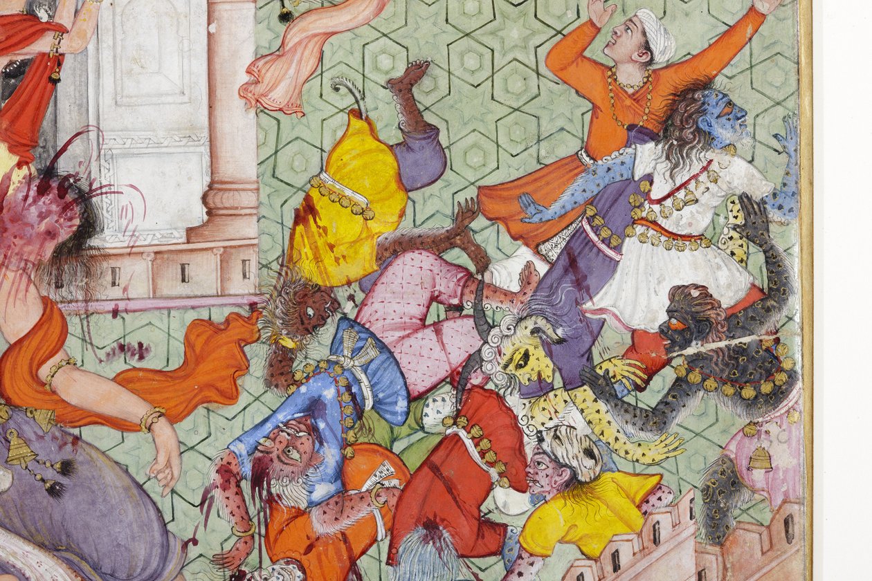 कृष्णा क्लीवेज ने अपने डिस्कस के साथ दानव नरकासुर का वर्णन किया, c.1585-90 (कागज पर अपारदर्शी wc और सोना) द्वारा इंडियन स्कूल