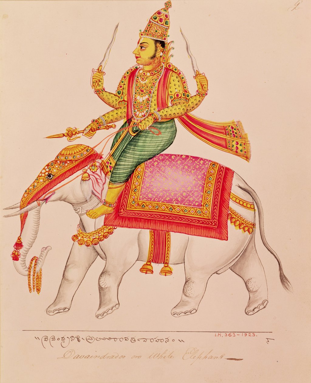 इंद्र, तूफान के देवता, एक हाथी पर सवार, 1820-25 द्वारा इंडियन स्कूल