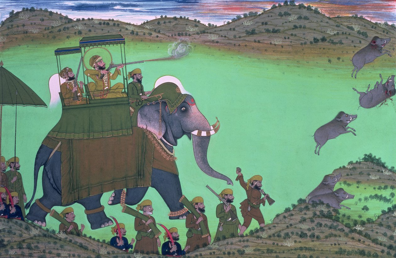 Maharana Sarup Singh of Udaipur shooting boar from elephant-back, Rajasthan, 1855  द्वारा इंडियन स्कूल