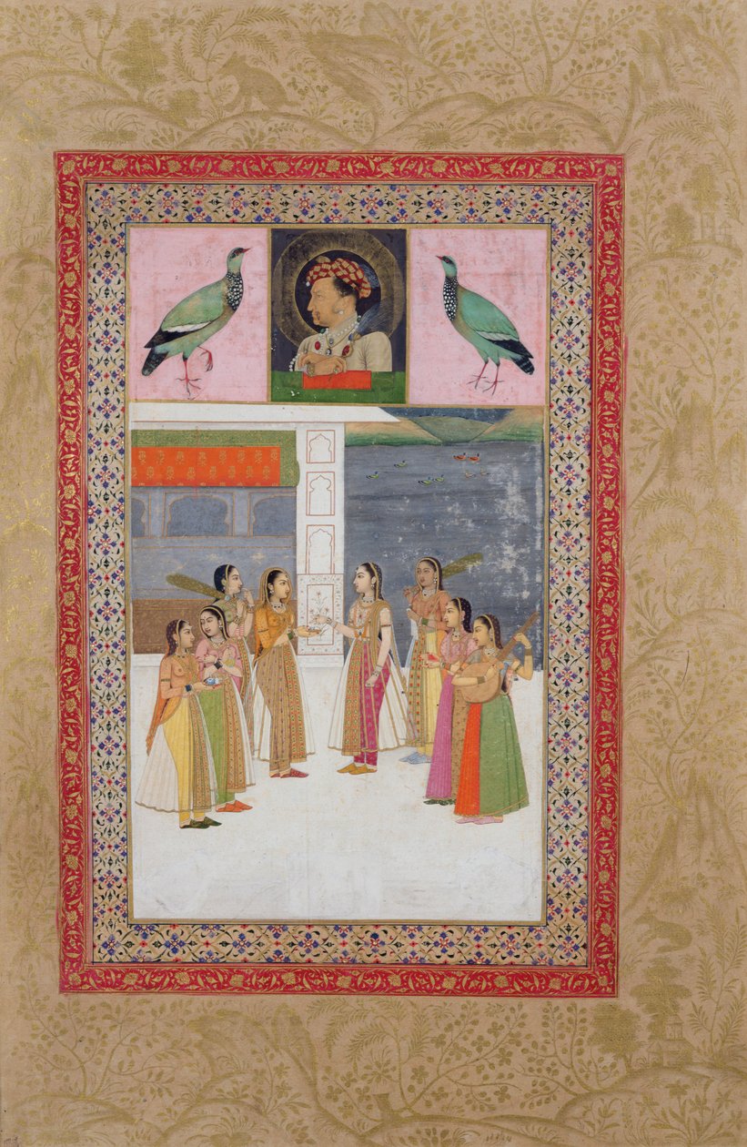 सुश्री ई -14 पोर्टहाजर ऑफ दजहांगिर (1569-1627) की बातचीत में दो पक्षी और कुलीन महिलाएं द्वारा इंडियन स्कूल