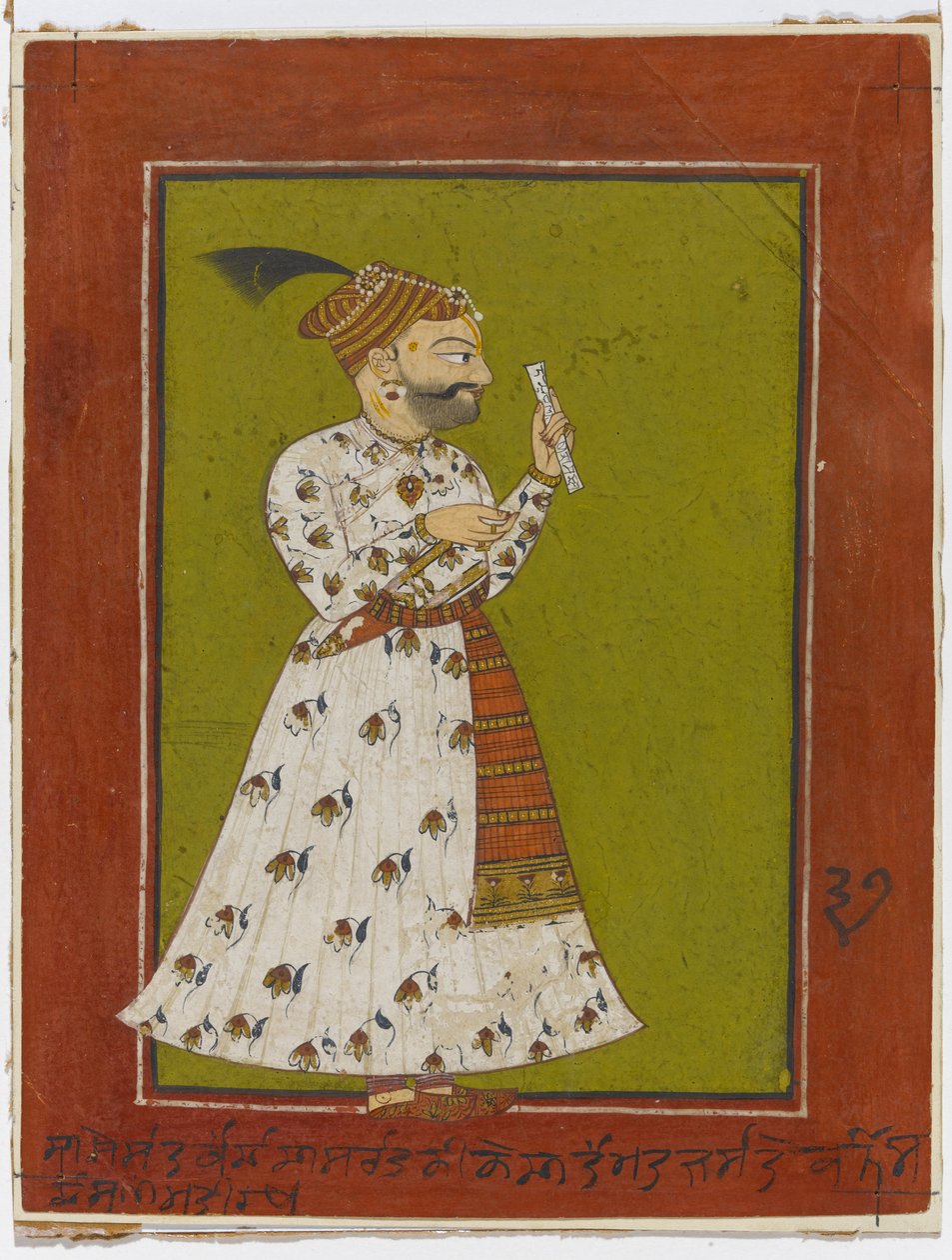 कहलूर के राजा अजमेर चंद का चित्र, c.1730 (कागज पर अपारदर्शी wc और सोना) द्वारा इंडियन स्कूल