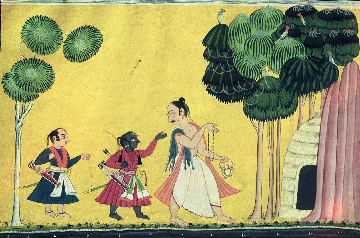 राम और लक्ष्मण, विश्वामित्र के साथ, रामायण से, c.1750 द्वारा इंडियन स्कूल