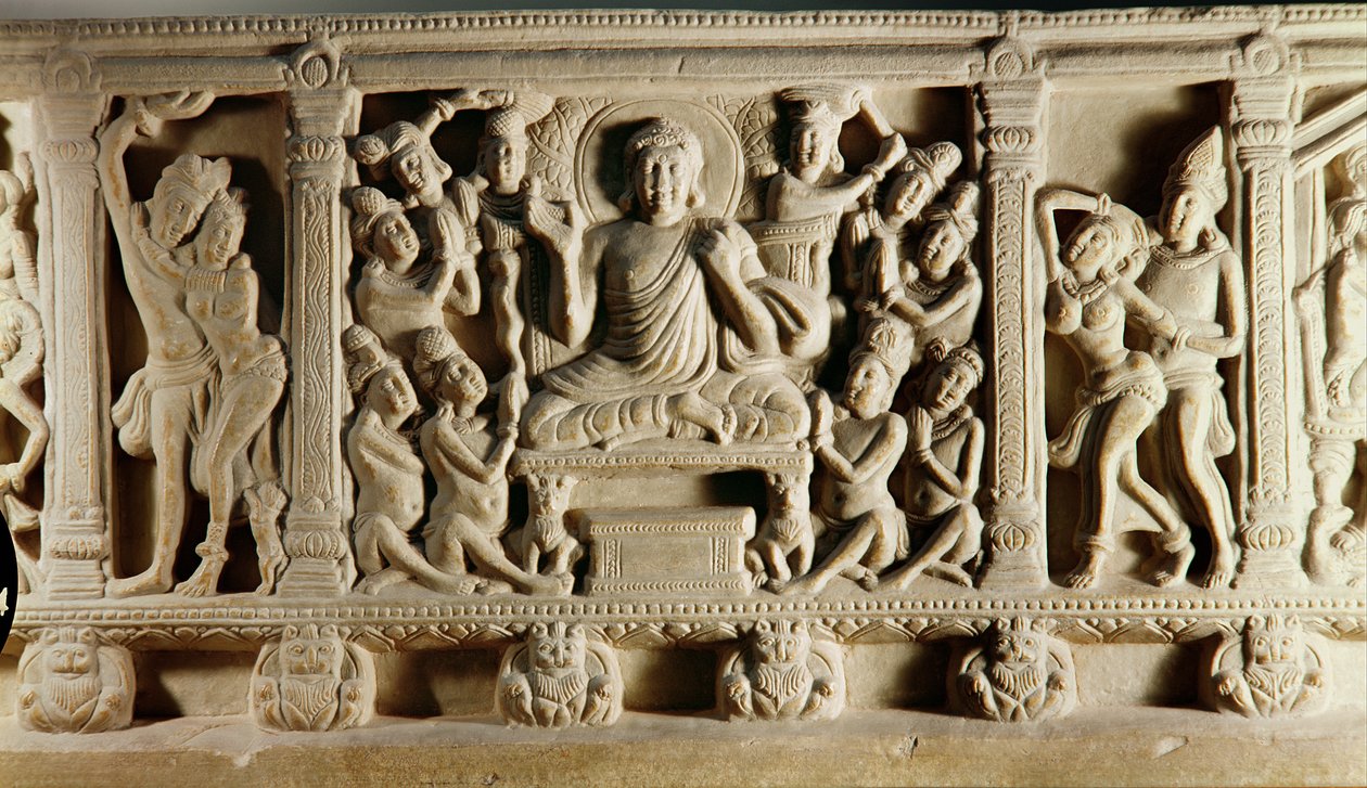 मथुरा स्कूल में उपासकों से घिरे बुद्ध उपदेश का चित्रण द्वारा इंडियन स्कूल