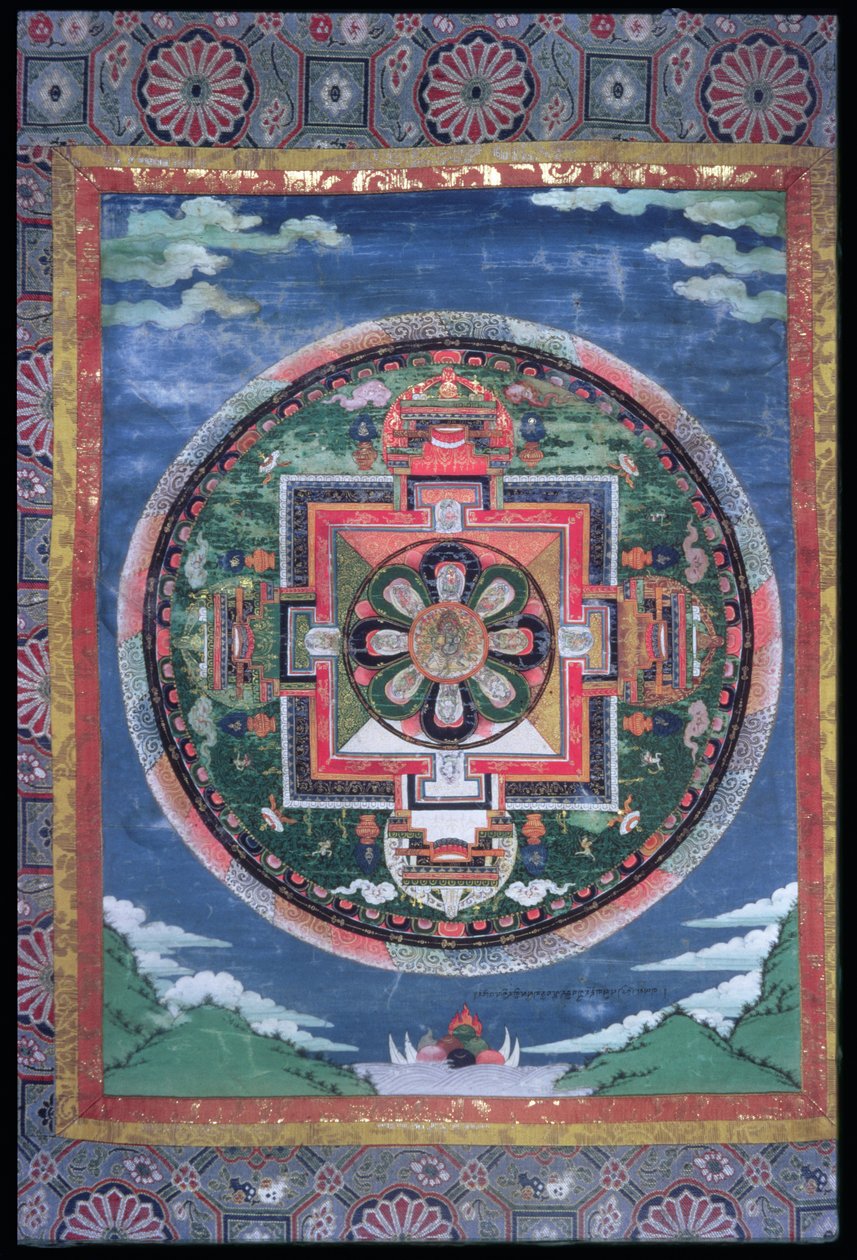 फयाग-रडोर (वरजापानी) और आठ सर्प विभक्तियों के मिस्टिक सर्किल, फोर डॉर्कपीर्स, मंडला वज्रापानी, सी .1849 (चित्रित रेशम और कपड़े) के साथ द्वारा इंडियन स्कूल
