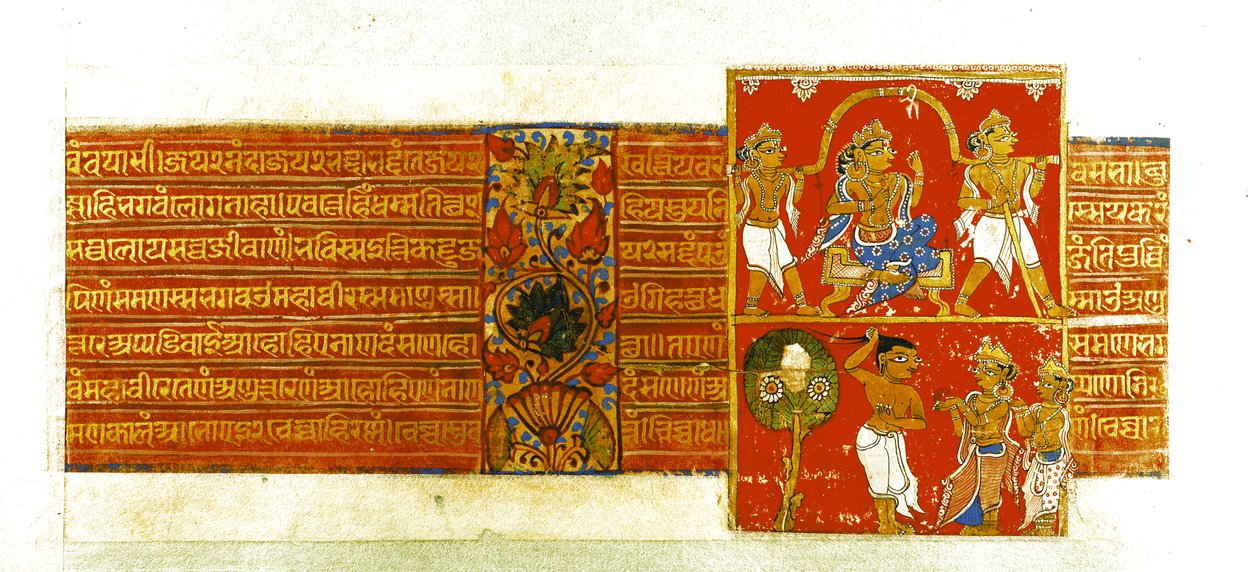 कल्पसूत्र के दो दृश्य, मांडू, 1439 (कागज पर गौचे और सोना) द्वारा इंडियन स्कूल