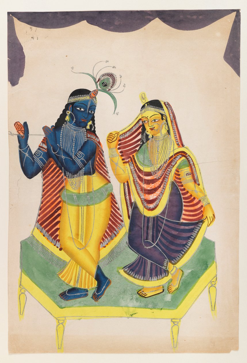 कृष्ण और राधा, 19 वीं सदी के अंत में (पॉलिश टिन के लहजे के साथ कागज पर wc) द्वारा इंडियन स्कूल