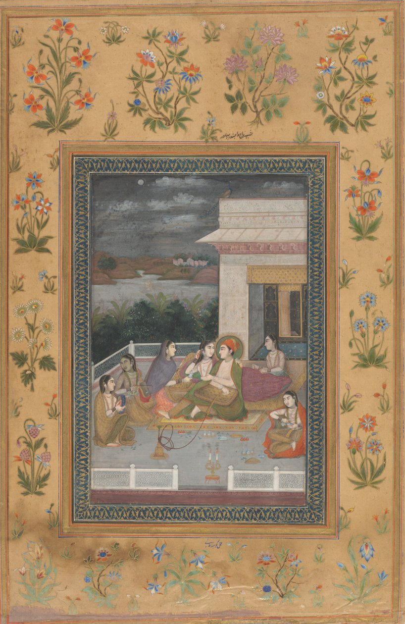 परिचारकों और संगीतकारों से घिरे छत पर एक जोड़ा द्वारा भारतीय 18वीं शताब्दी