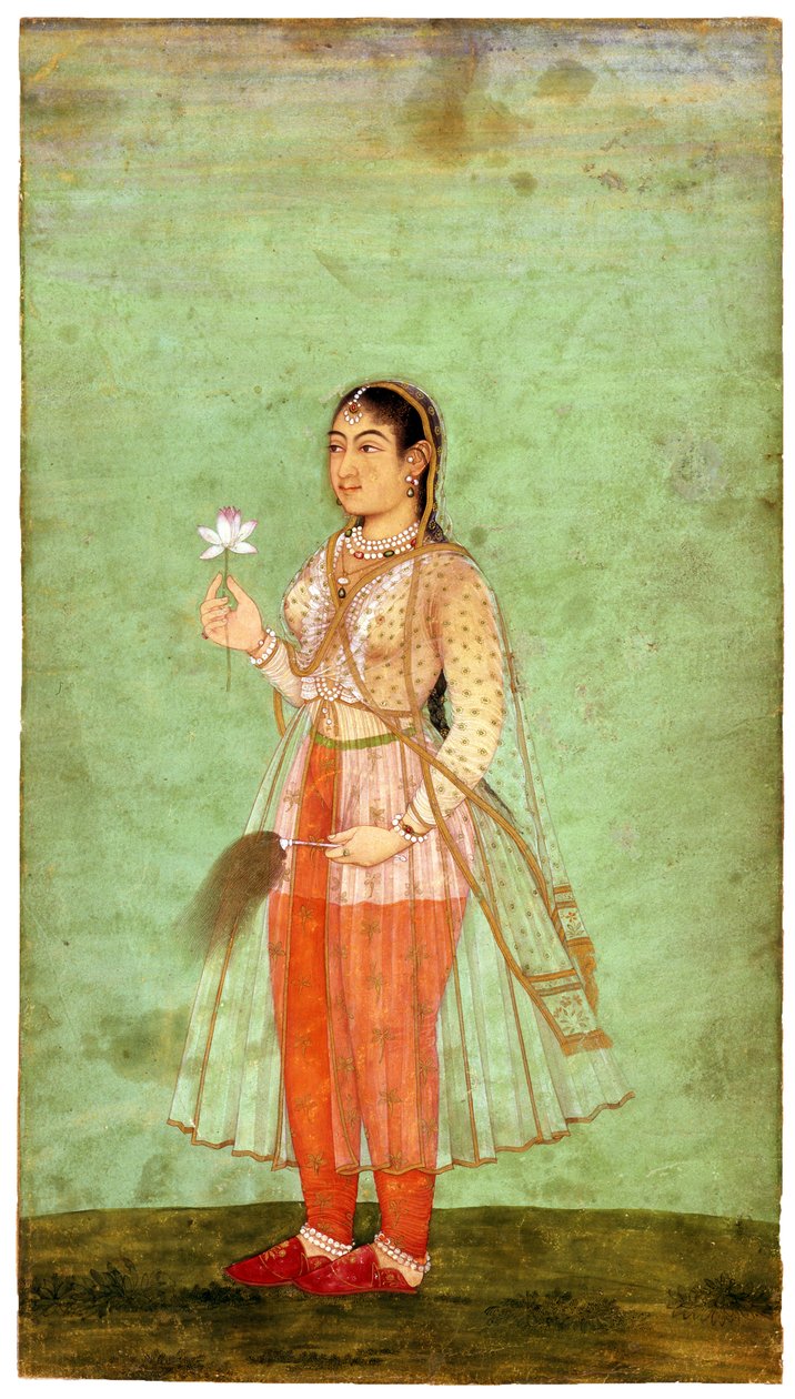 ए लेडी विद फ्लावर एंड फ्लाई व्हिस्क, c.1630 द्वारा भारतीय कला