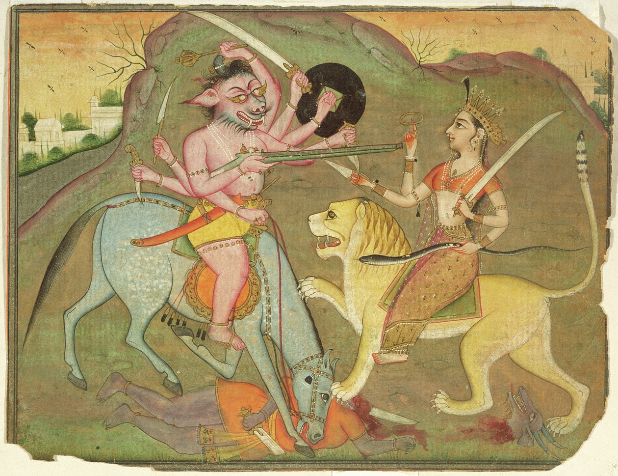 47.110/174 दुर्गा महिषासुर के साथ युद्ध में, 'देवी महात्म्य' के फोलियो से, देवनागरी, उल्टा पाठ, बीकानेर, राजस्थान, राजपूत स्कूल द्वारा इंडियन स्कूल