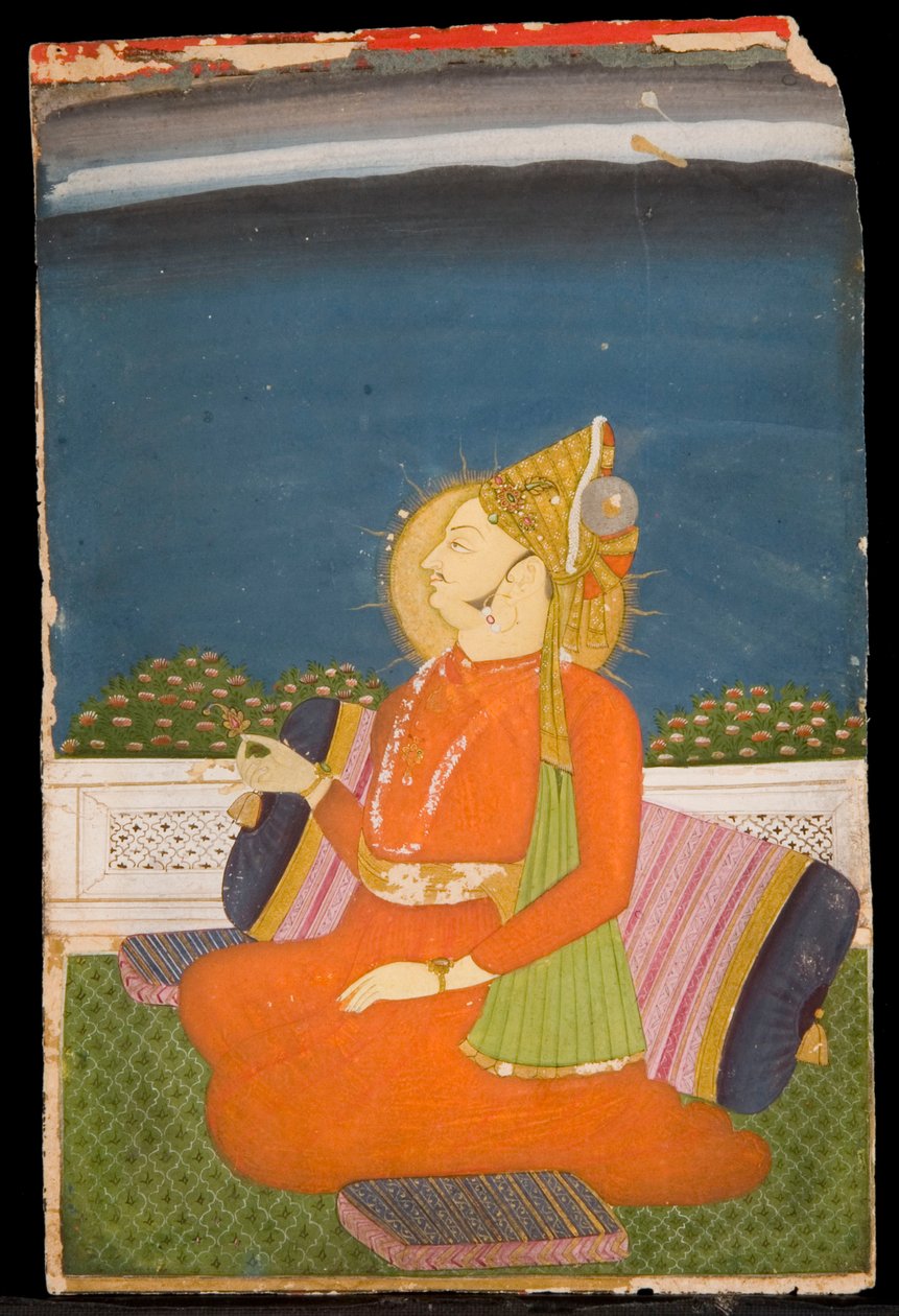 एक Bejeweled गणमान्य, एक पगड़ी पहने हुए, एक लोटस बड पकड़े, एक छत पर बैठे द्वारा इंडियन स्कूल