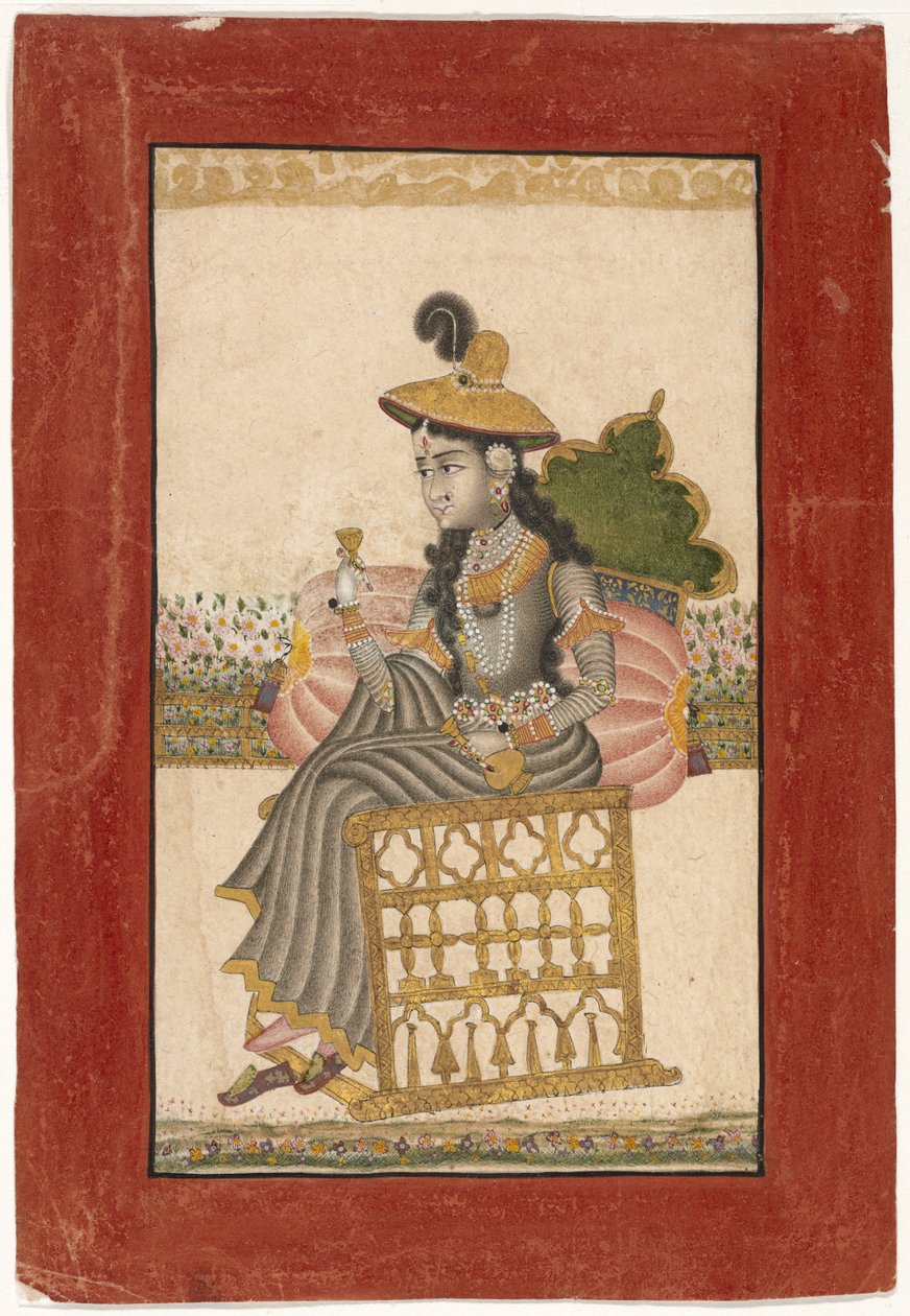 एक बेज्वेल्ड लेडी, कोटा स्कूल, 1690-1720 (कागज पर सोने के साथ गौचे) द्वारा इंडियन स्कूल