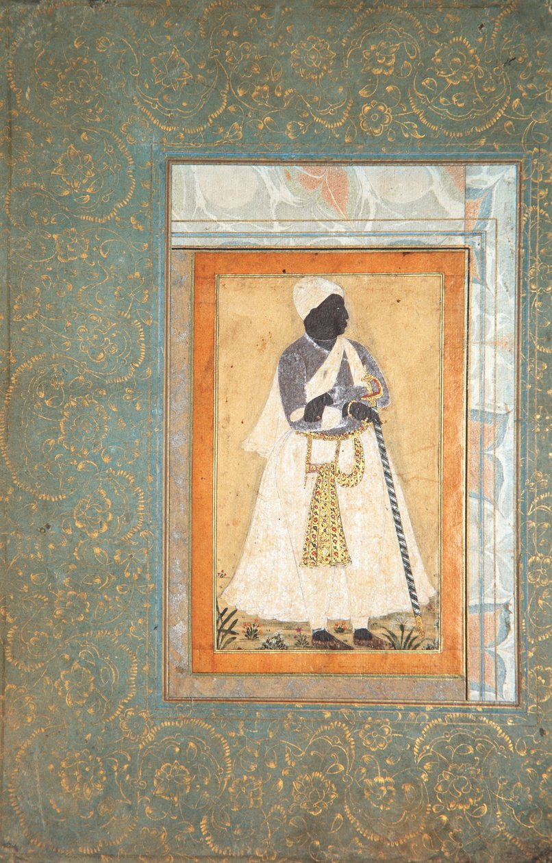 एक ब्लैक मैन लैंस ऑन ए लॉन्ग स्टाफ, c.1682 (पेपर पर अपारदर्शी wc और सोना) द्वारा इंडियन स्कूल