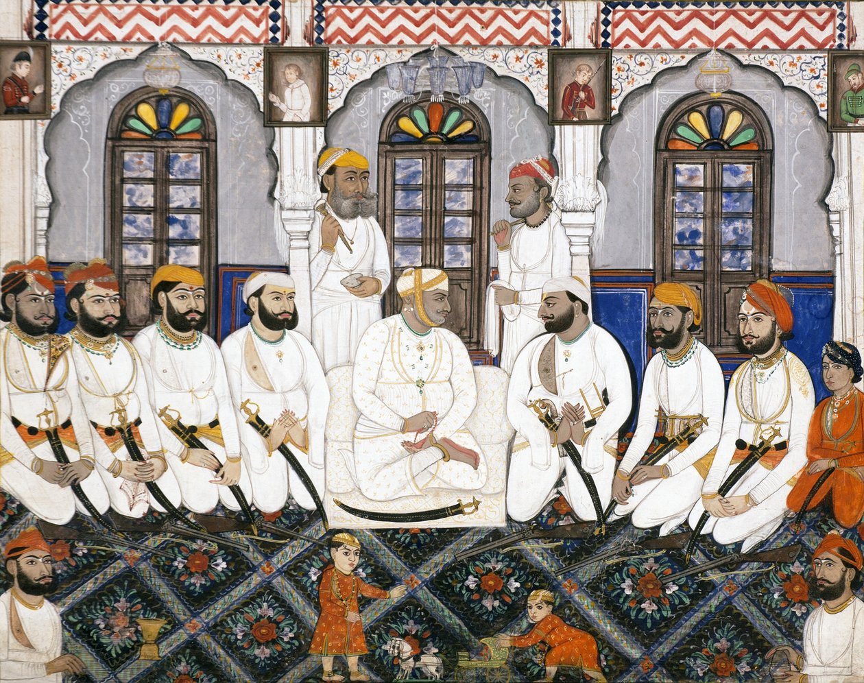 दरबार में पूजा के लिए तैयार एक जयपुर राज, c.1845 (कागज पर अपारदर्शी wc और सोना) द्वारा इंडियन स्कूल
