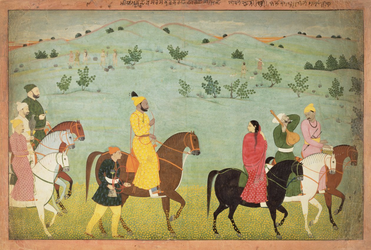 नैनसुख (१ ,४०-५०) कश्मीर द्वारा एक सवारी अभियान पर, संभवतः जस्रोत के राजकुमार, बलवंत सिंह, c.1751 द्वारा इंडियन स्कूल