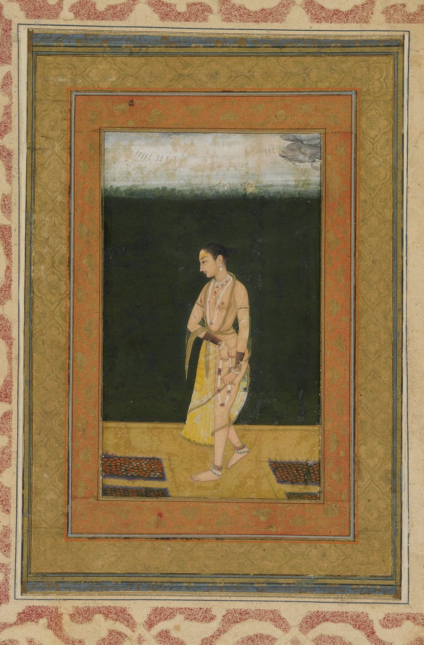 पेंटिंग के साथ एक बगीचे में एक लेडी वॉक, एल्बम फोलियो, c.1730 द्वारा इंडियन स्कूल