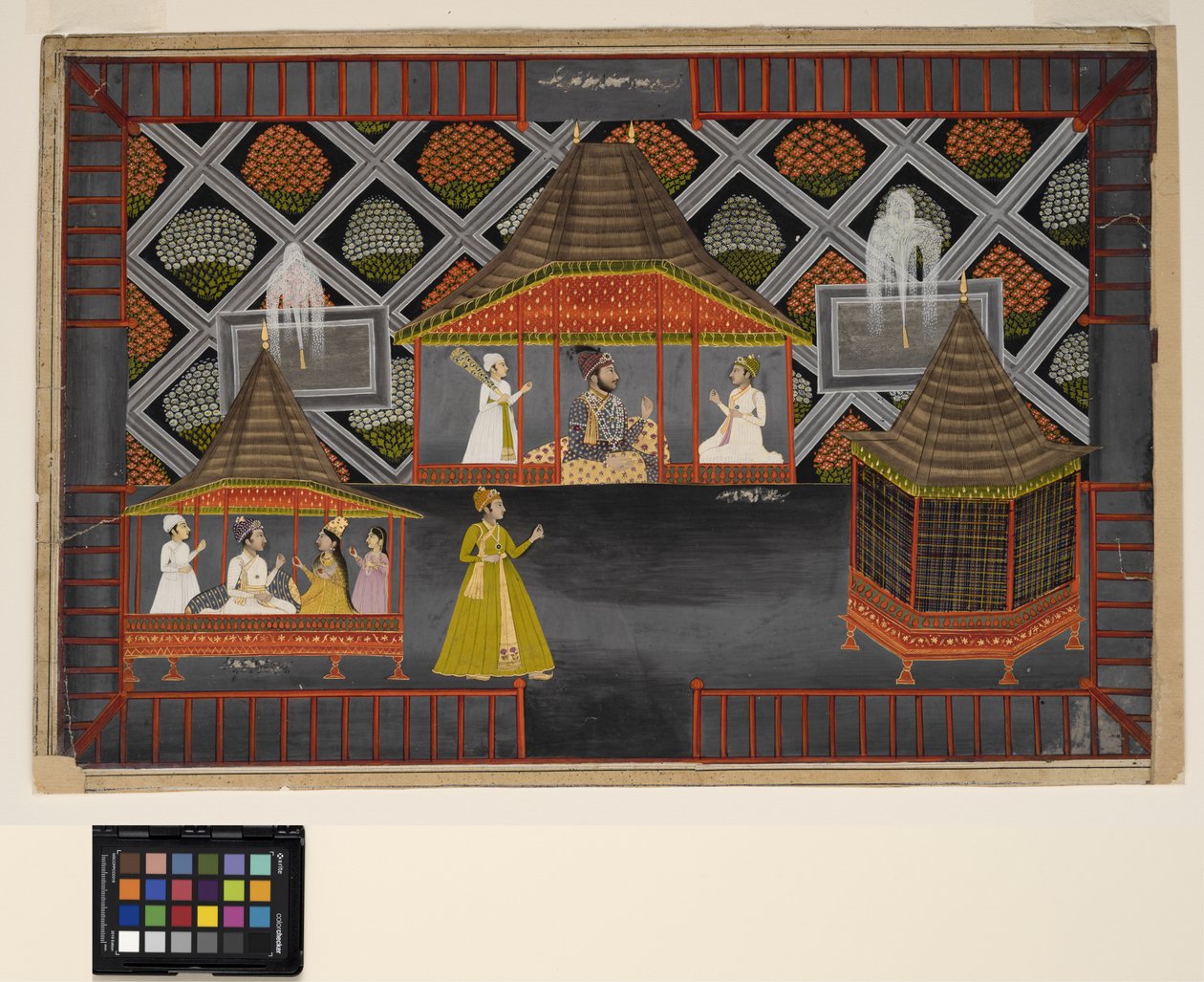 एक नवाब और उनके बेटे एक बाग़ के मंडप में, c.1770 (अपारदर्शी w - c, चांदी और कागज पर सोना) द्वारा इंडियन स्कूल