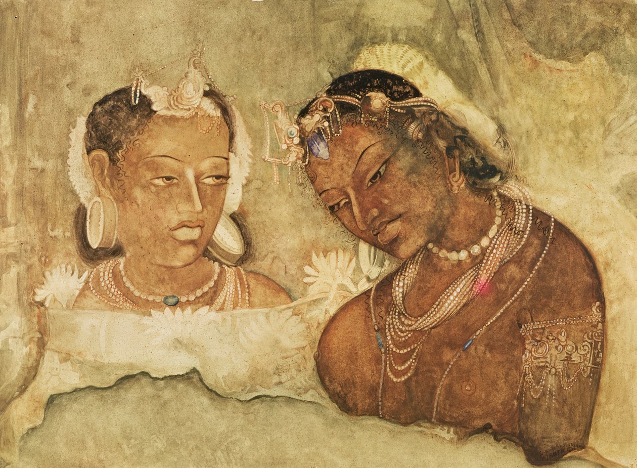 एक राजकुमारी और उसका नौकर, अजंता गुफाओं, भारत से एक फ्रेस्को की नकल द्वारा इंडियन स्कूल