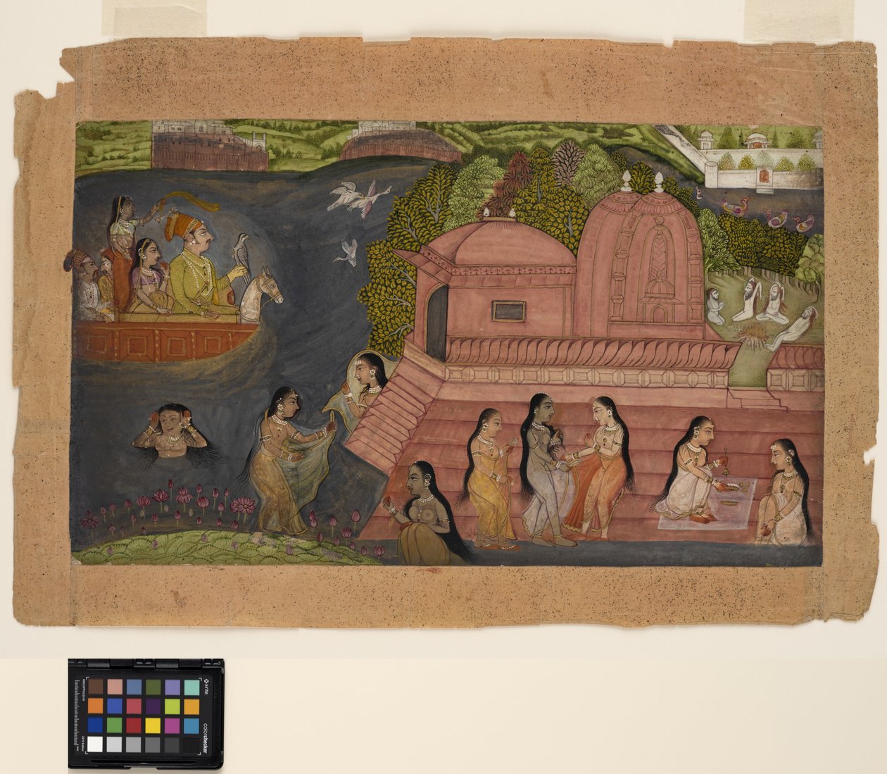 नाव से सुंदरियों को स्नान करते हुए एक नाव से एक राजा आता है, c.1695 (कागज पर अपारदर्शी जल और सोना) द्वारा इंडियन स्कूल