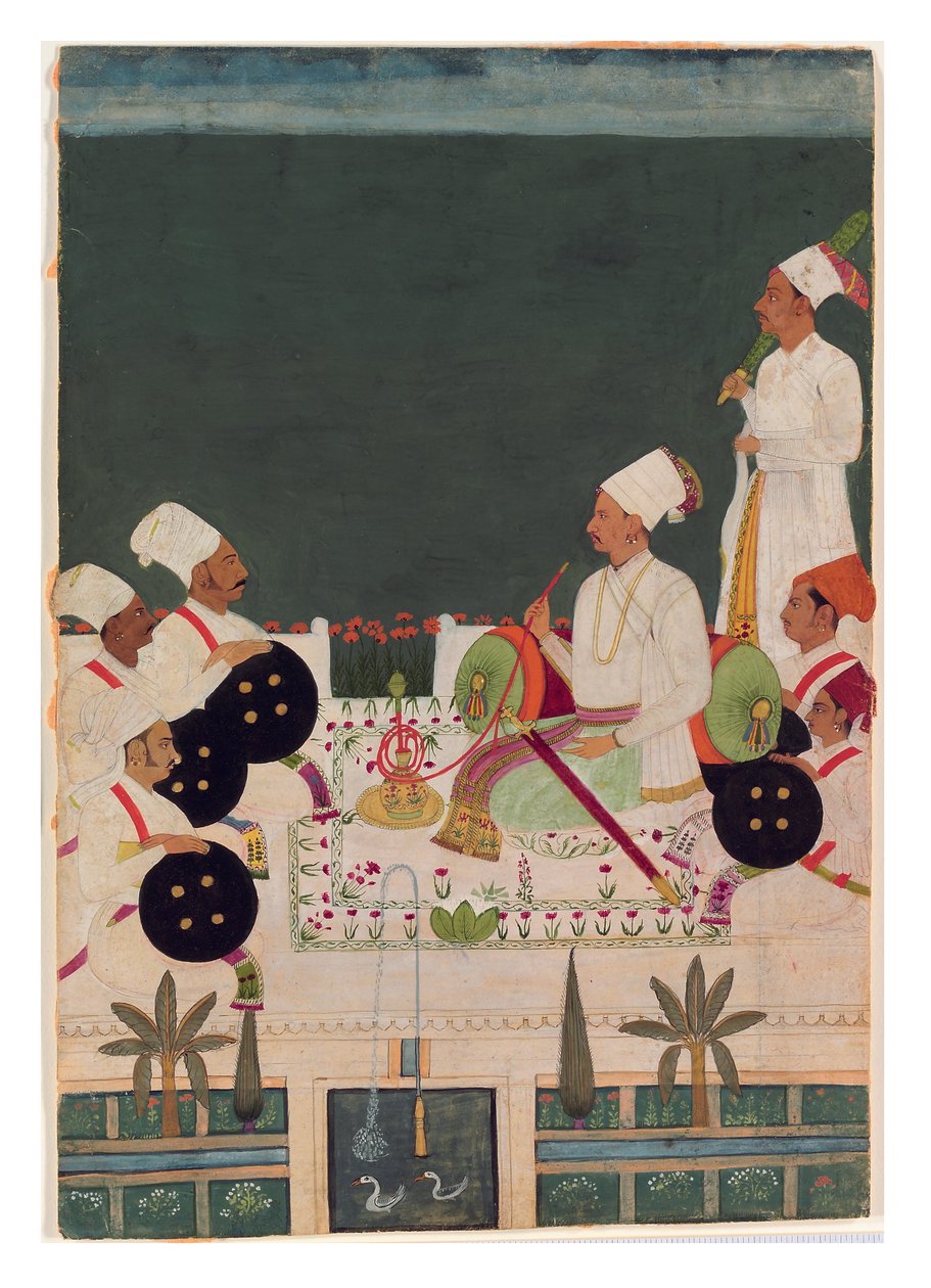 एक राठौड़ प्रमुख अपने रिश्तेदारों के साथ, c.1700 (कागज पर अपारदर्शी wc और सोना) द्वारा इंडियन स्कूल